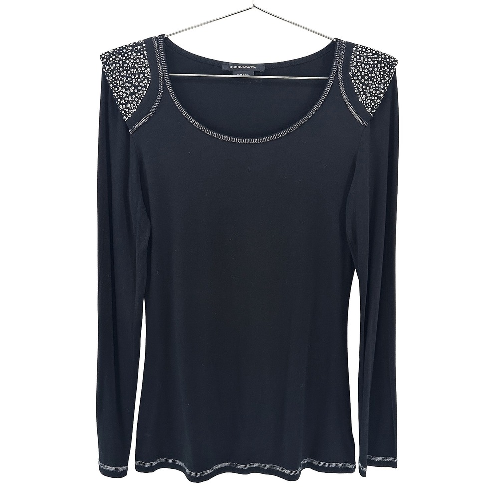 BCBG MAXAZRIA Long Sleeve Rhinestone Accent Jersey Top • Medium • black glam Y2K